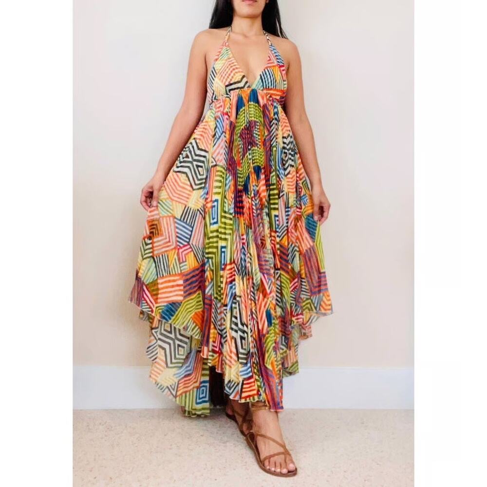 Alice + Olivia Silk Halter Asymmetric Hem Maxi Dress - Multicolor Print - Size 8
